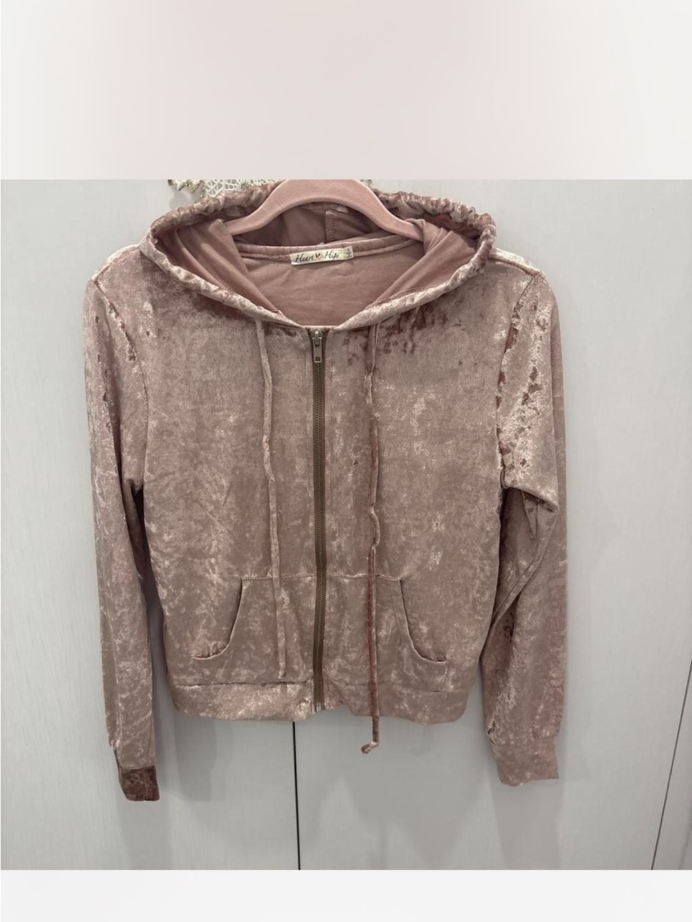 Heart Hips Crushed Velvet Zip Hoodie in Dusty Rose